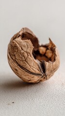 A close-up of a cracked walnut shell showcasing its intricate texture and natural patterns, perfect for culinary or organic lifestyle themes in stock photography collections.