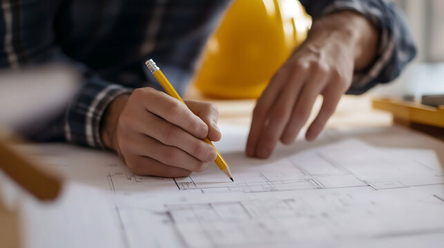 Architect or builder reviewing blueprints with hard hat nearby, focusing on design and precision. Expert drawing on paper, creating an architectural plan.