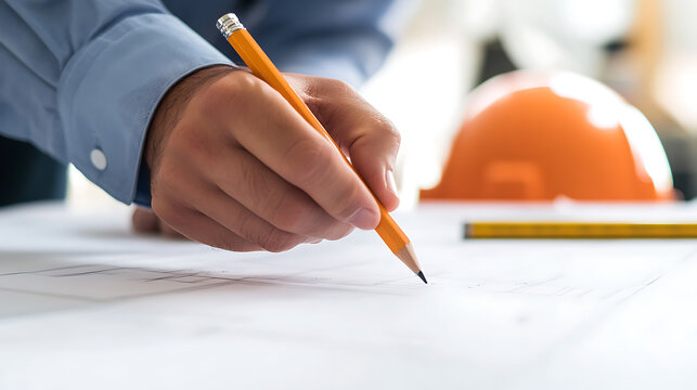 Construction worker sketching blueprints with a pencil on a white table, hard hat, and tape measure. Focused on creating precise designs. Professional expertise.