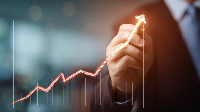 Businessman drawing an ascending line over a bar chart, symbolizing growth, progress, strategic planning, financial improvement, performance development and long-term success