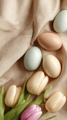 Colorful easter eggs resting on soft fabric alongside delicate tulips create a serene spring atmosphere, perfect for holiday-themed projects and seasonal celebrations.