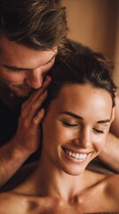 A joyful moment of connection between two individuals captured in a serene setting, showcasing intimacy and relaxation, perfect for wellness-themed collections.