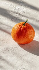 Fresh, vibrant orange sitting on a textured surface, with natural light casting soft shadows, capturing the essence of healthy eating and the joy of citrus fruits in a minimalist setting.