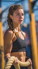 Focused and determined, this athlete showcases strength and resilience while using battle ropes in a dynamic outdoor training setting, embodying fitness and motivation.