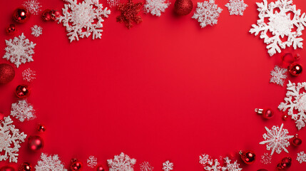 Red Christmas-themed backdrop with snowflake accents and ornaments arranged around the edges, ideal for festive greetings, holiday promotions and seasonal visuals