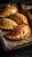 Golden-brown baked empanadas fresh out of the oven, sprinkled with sesame seeds, resting on a wooden board lined with parchment paper, ready to be served.