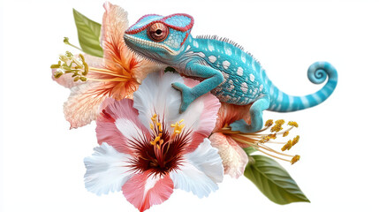 Fototapeta premium Colorful chameleon with glasses perched on vibrant hibiscus flower, showcasing blend of nature and whimsy