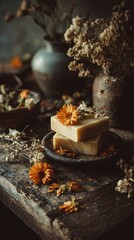 Handmade soap with orange flowers and dried herbs arranged on a rustic wooden table, evoking a warm and natural ambiance perfect for wellness and beauty themes.