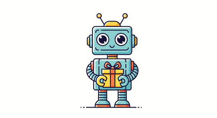 Cute Blue Robot Character Holding a Gift Box with a Red Ribbon, Vector Illustration