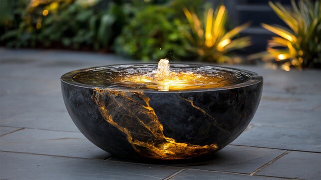 Dark stone bowl fountain with flowing water, lit from within - Powered by Adobe