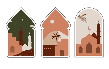 Ramadan islamic window set.  Pack for mubarak web design. Mosque, plant, moon, star. Vector illustration