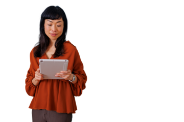 Asian woman using tablet computer for business, remote working, or online learning with a transparent background