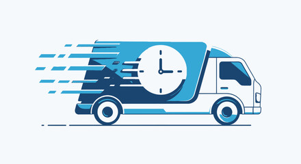 Fast delivery truck with clock on the side, symbolizing speed and punctuality.
