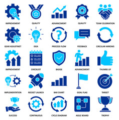 Kaizen Set of 25 thin Duotone icon vector illustration. business philosophy and corporate strategy concept of continuous improvement