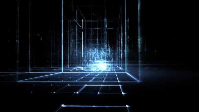 Leuchtende gitterf&ouml;rmige Geometrie f&uuml;r Technologie, Energie, Produktion & Datentransfer &ndash; moderne Architektur, Planung & Sicherheit visualisiert, blau
