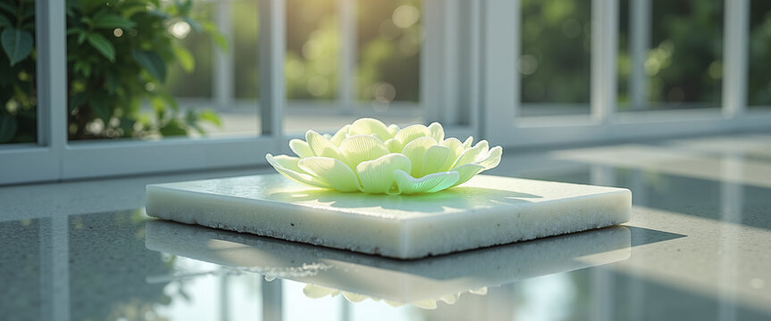 Green lotus flower blooming on a stone slab in a greenhouse at sunset - Powered by Adobe