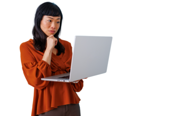 Asian woman thinking while working on laptop, developing business strategy, making decisions, transparent background