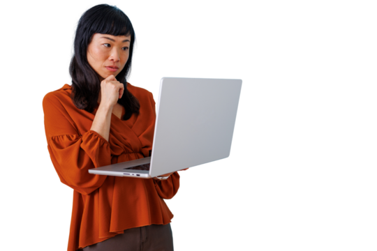 Asian woman thinking while working on laptop, developing business strategy, making decisions, transparent background