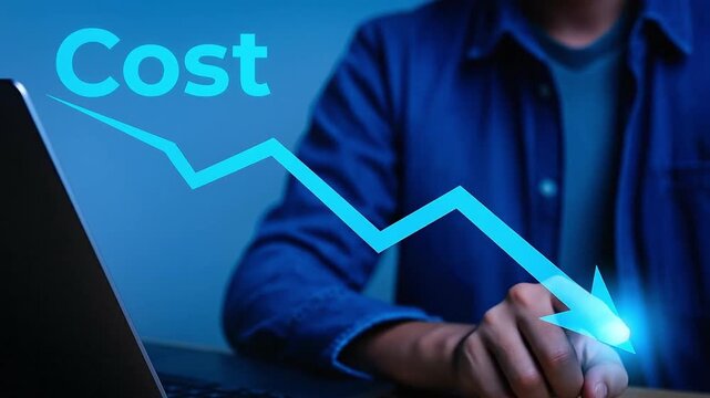 Business Person and Laptop with Glowing Downward Arrow Representing Cost Reduction, Expense Decrease, and Financial Savings Strategy