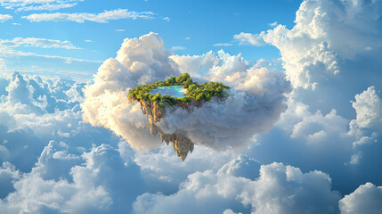 Serene floating island surrounded by fluffy clouds, featuring lush greenery and tranquil pool of water, evokes sense of peace and wonder