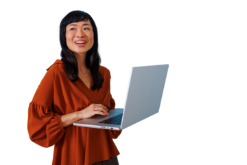 Asian executive woman smiling while working on laptop, experiencing success and looking up, transparent background
