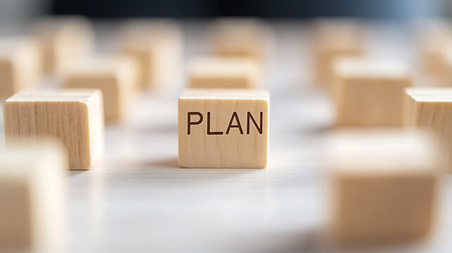 Strategic Blueprint: Wooden blocks spell out PLAN, highlighting the essence of structured approach and tactical thinking for success. Roadmap for actionable plans.