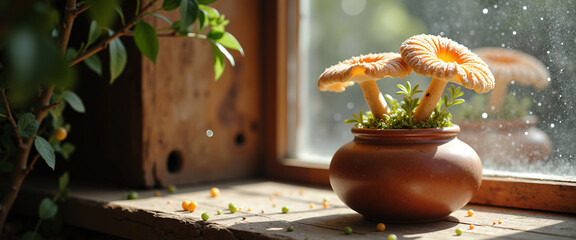 Fototapeta premium Bioluminescent fungi growing in a pot on a windowsill in a greenhouse 