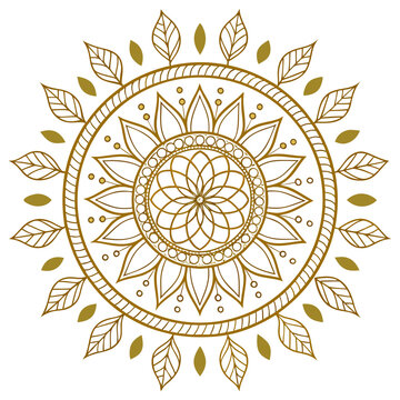 Golden mandala with leaves this intricate design features a central floral motif surrounded by delicate leaves, creating a harmonious and elegant pattern