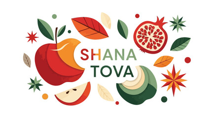 Shana Tova Illustration with Apple, Pomegranate, and Festive Autumnal Elements