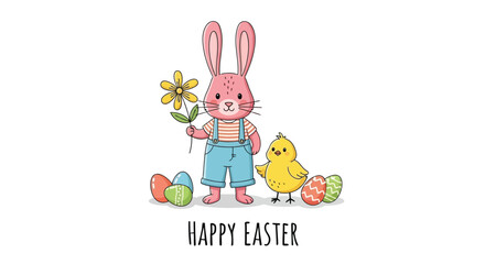 Festive Easter Bunny, Chick, and Eggs Illustration for Spring Celebrations