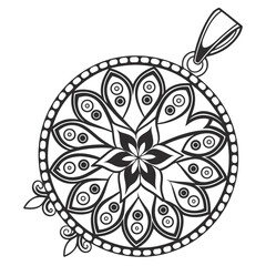Intricate floral pendant with a unique design, the detailed pattern features stylized petals and decorative elements, creating a captivating and eyecatching piece