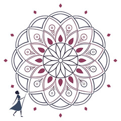 Elegant vector mandala illustration, showcasing a woman with a stick interacting with the design, ideal for creative projects, invitations, and artistic compositions