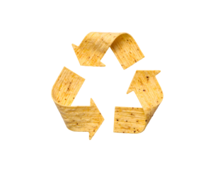 Recycling symbol made from folded potato chips arranged as three arrows on isolated background