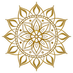 Golden mandala with geometric floral design intricate circular pattern featuring stylized flowers and geometric shapes in a luxurious gold color palette