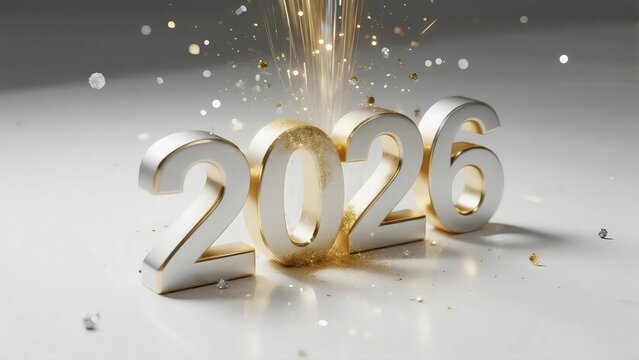 Elegant numbers 2026 set against a bright background, with golden glitter and soft bokeh effect.
