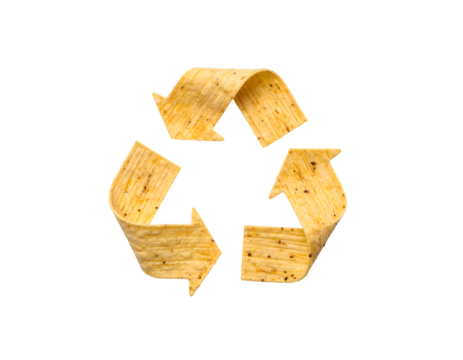 Recycling symbol made from folded potato chips arranged as three arrows on isolated background