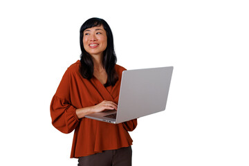 Asian businesswoman smiling and working on a laptop, using technology for professional communication on transparent background