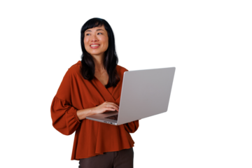 Asian businesswoman smiling and working on a laptop, using technology for professional communication on transparent background