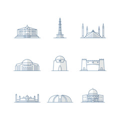 Minimal line icon set featuring famous landmarks of Pakistan, including mosques, monuments, forts, and historic buildings. Perfect for travel guides, maps, branding, posters, and web design.