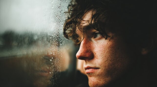 Young man gazes thoughtfully through window beaded with raindrops