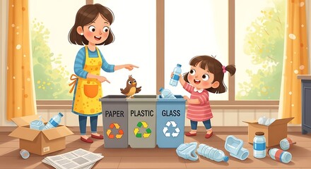 Mother and daughter sorting recyclable waste into separate bins at home.