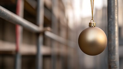 A single, matte gold Christmas ornament hangs suspended against scaffolding, its simple elegance contrasting with the raw, industrial backdrop. A subtle, unexpected touch.