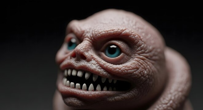 Close-up cinematic portrait of a grotesque creature with eerie blue eyes and sharp teeth in a studio setting. - Powered by Adobe