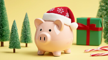 Piggy Bank with Festive Party Hat, Christmas Trees, Gift Box, and Candy Canes on Beige Background