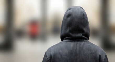 Rear view of a person in a hooded sweatshirt walking away in a blurred city street