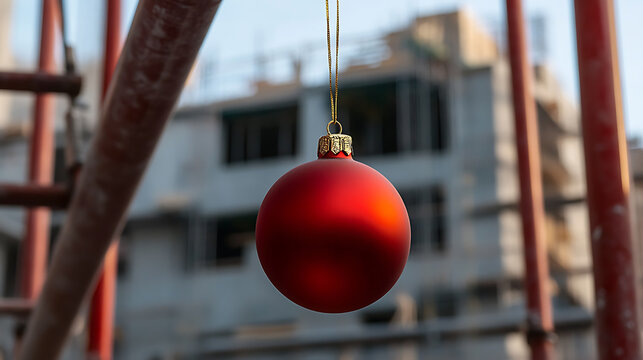 Festive spirit on site! A red Christmas ornament dangles, adding a touch of holiday cheer to a construction zone, creating a surprising and delightful contrast.