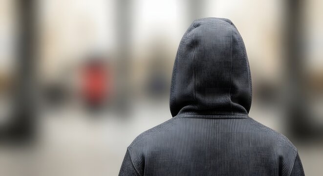 Rear view of a person in a hooded sweatshirt walking away in a blurred city street - Powered by Adobe