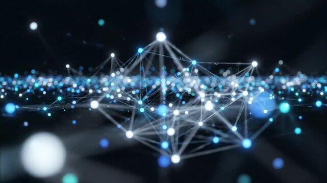 Abstract network of luminous lines and dotted nodes on a dark backdrop, symbolizing interconnected systems, big-data flow, digital communication patterns, and modern technological link structures