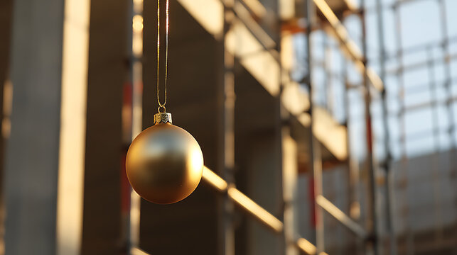 Golden Christmas bauble suspended in an abstract setting, reflecting light. The warm color of the sphere contrasts with the blurred architectural background. A unique festive moment. - Powered by Adobe