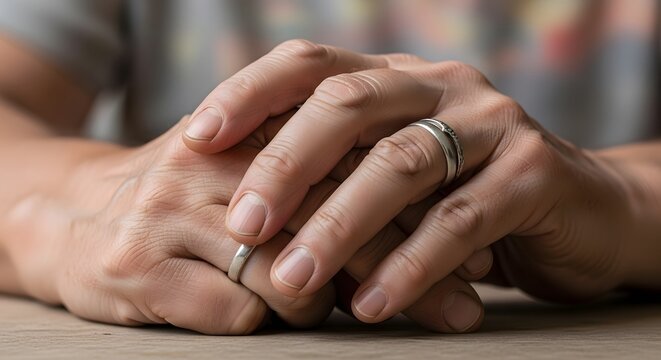 Close-up of a couple's hands with wedding rings, symbolizing commitment and togetherness